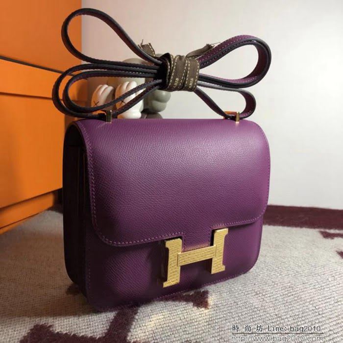 HERMES愛馬仕 空姐包 constance 海葵紫 EPSOM 18cm 金扣扣 銀扣扣 蠟線縫製 單肩斜挎包  Ama1469